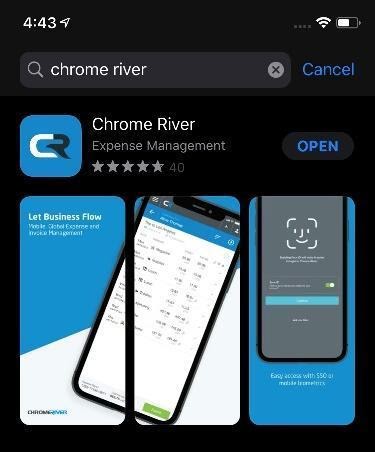 Screenshot of Chrome River app in the Apple app store on a cellphone with the option to open the app directly.